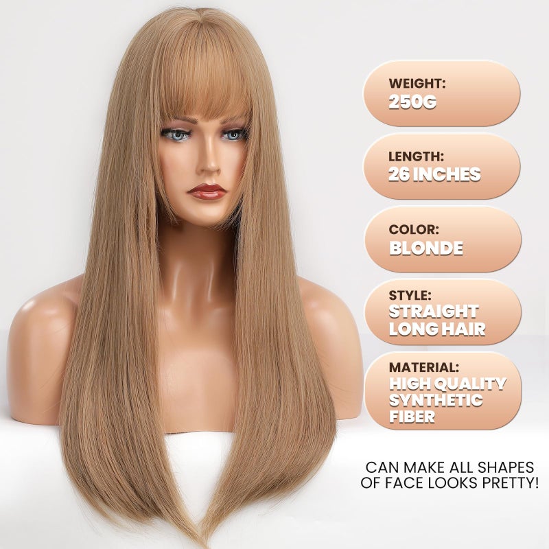 EMMOR Blonde Wig With Bangs For Women Long Straight Wigs Synthetic For Girls Halloween Party Cosplay And Daily Use(26" Blonde) - Image 3