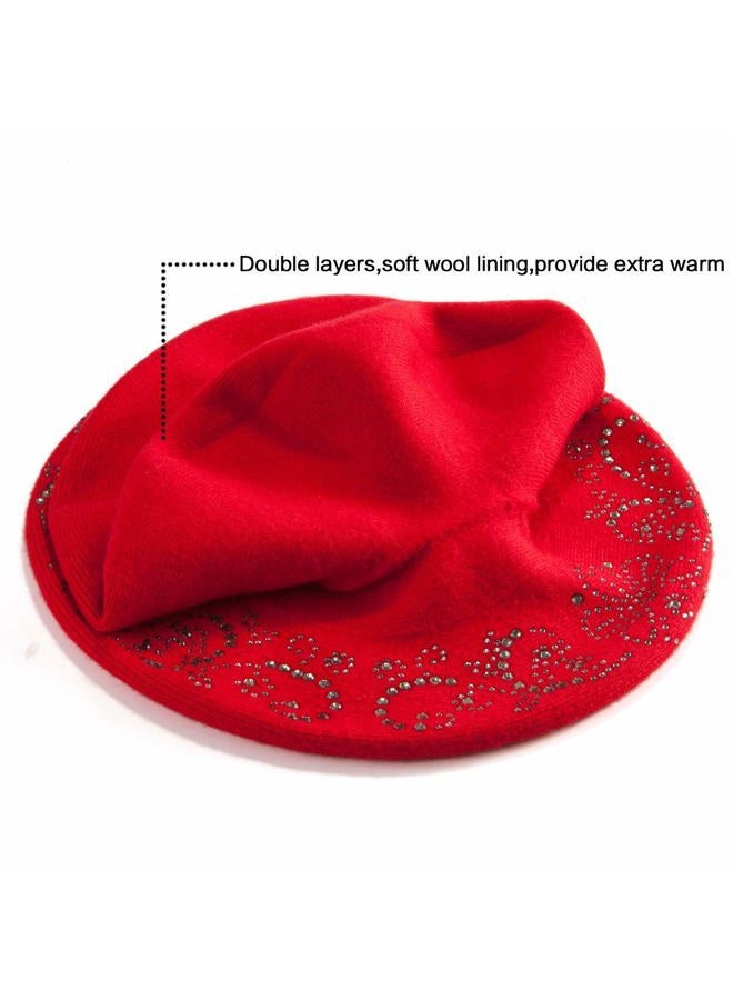 LADYBRO Rhinestone Beret Hats for Women 2 Layers Wool French Knit Cap Lady Winter Black, Red, One size - Image 3