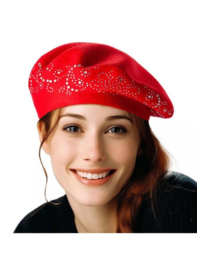 LADYBRO Rhinestone Beret Hats for Women 2 Layers Wool French Knit Cap Lady Winter Black, Red, One size - Image 1
