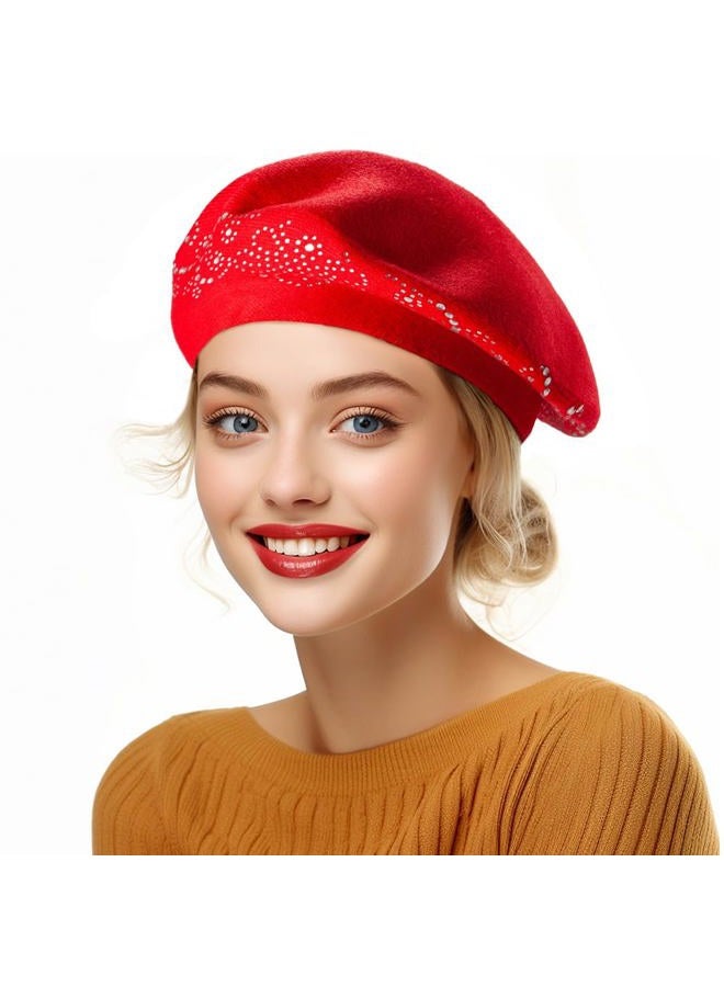 LADYBRO Rhinestone Beret Hats for Women 2 Layers Wool French Knit Cap Lady Winter Black, Red, One size - Image 4