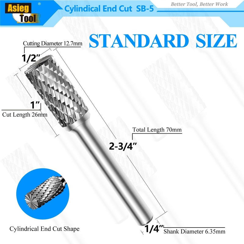 Asieg Tool SB-5 Tungsten Carbide Burr Rotary File Cylinder Shape Double Cut with 1/4''Shank for Die Grinder Drill Bit - 5Pcs - Image 2