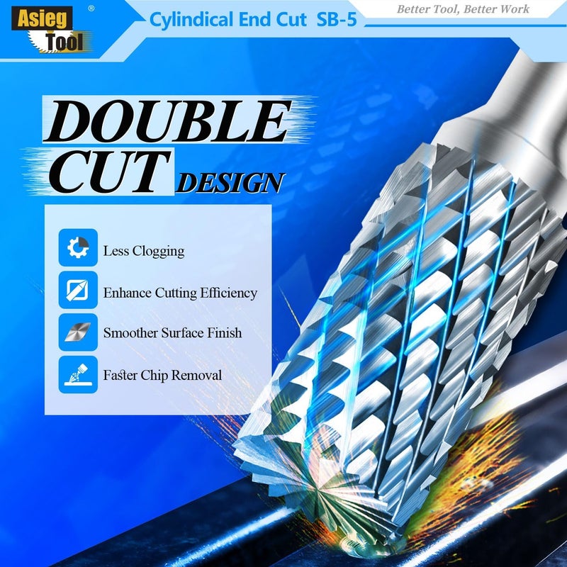 Asieg Tool SB-5 Tungsten Carbide Burr Rotary File Cylinder Shape Double Cut with 1/4''Shank for Die Grinder Drill Bit - 5Pcs - Image 4