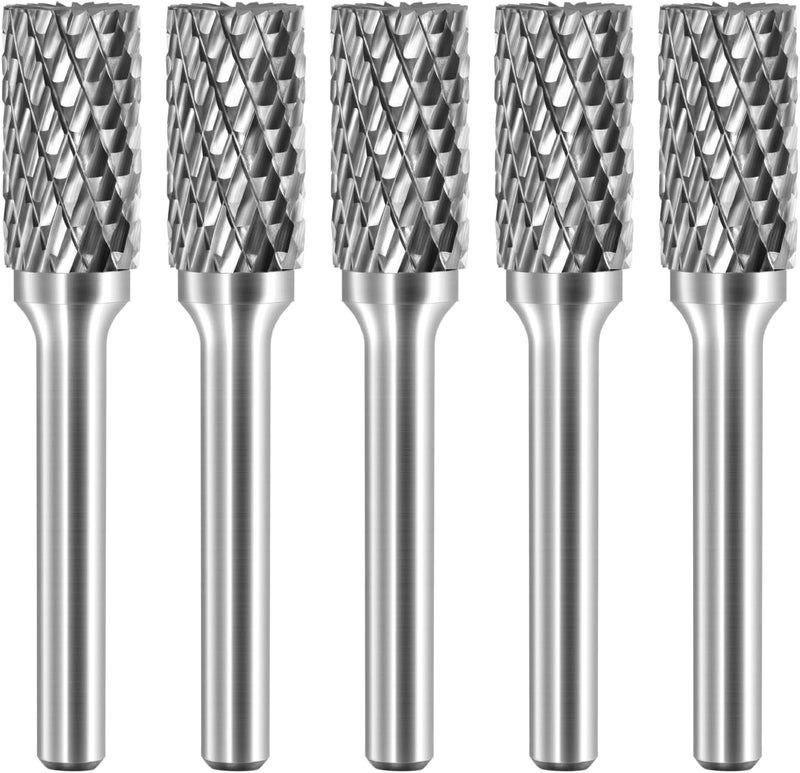 Asieg Tool SB-5 Tungsten Carbide Burr Rotary File Cylinder Shape Double Cut with 1/4''Shank for Die Grinder Drill Bit - 5Pcs - Image 1