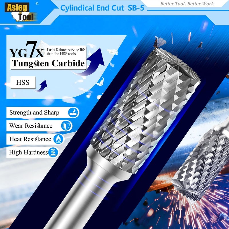 Asieg Tool SB-5 Tungsten Carbide Burr Rotary File Cylinder Shape Double Cut with 1/4''Shank for Die Grinder Drill Bit - 5Pcs - Image 3