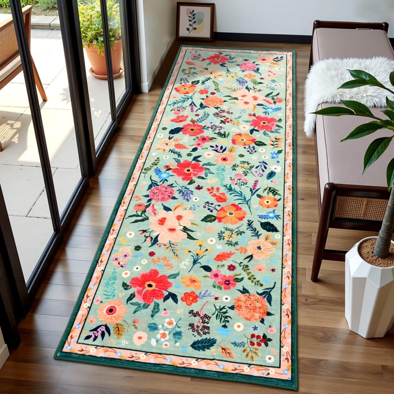 Macgace 2x6 Floral Runner Rug, Flowers Printed Washable Rugs with Non Slip Backing for Girls Bedroom Kitchen Hallway, Cute Carpet Runners Home Aesthetic Decor, Light Green - Image 2