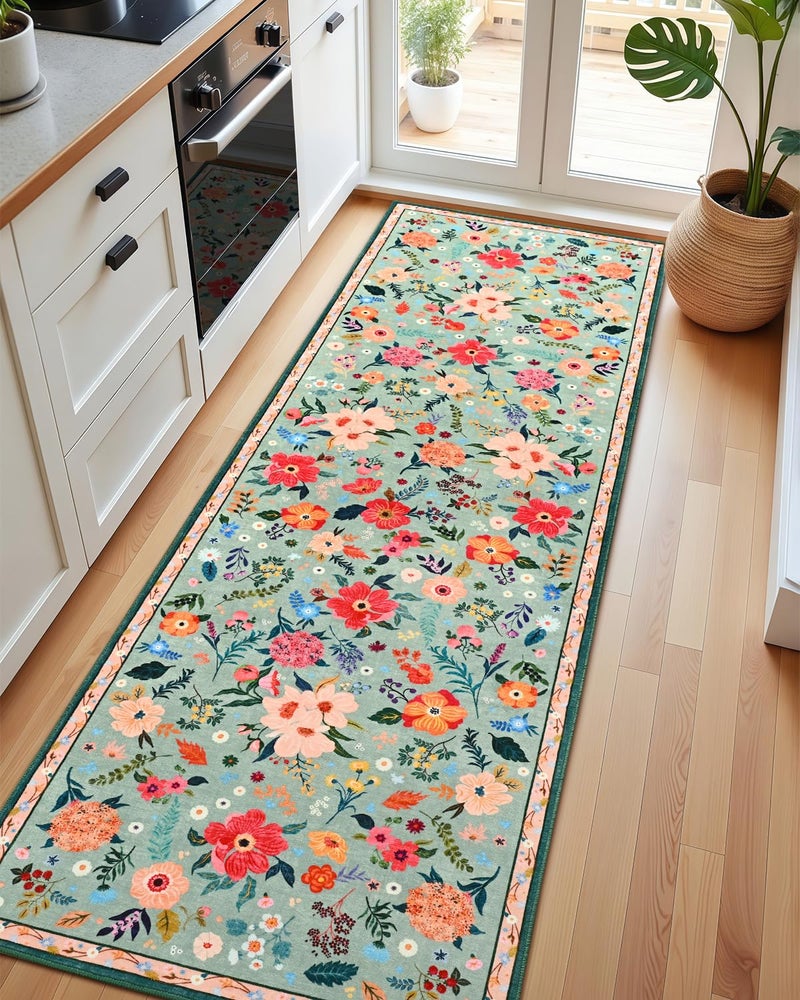 Macgace 2x6 Floral Runner Rug, Flowers Printed Washable Rugs with Non Slip Backing for Girls Bedroom Kitchen Hallway, Cute Carpet Runners Home Aesthetic Decor, Light Green - Image 3