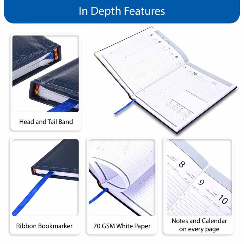 FIS 2026 Executive Diary, 210x260mm, 1 Side Padded Sewn Vinyl Cover, Golden Corners, 1 Week at a Glance, Arabic/English/French, 70gsm White Paper, Blue Cover-FSDI35AE26BL - Image 5