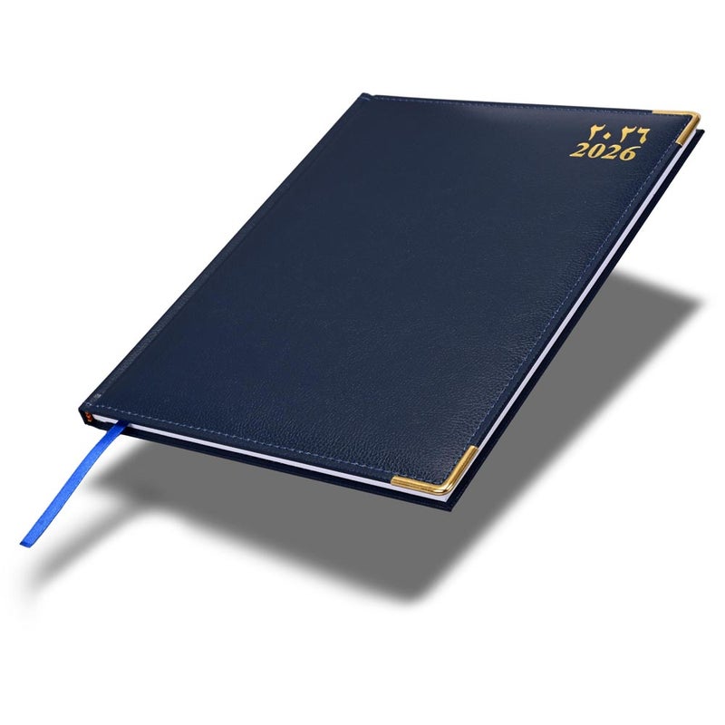 FIS 2026 Executive Diary, 210x260mm, 1 Side Padded Sewn Vinyl Cover, Golden Corners, 1 Week at a Glance, Arabic/English/French, 70gsm White Paper, Blue Cover-FSDI35AE26BL - Image 1