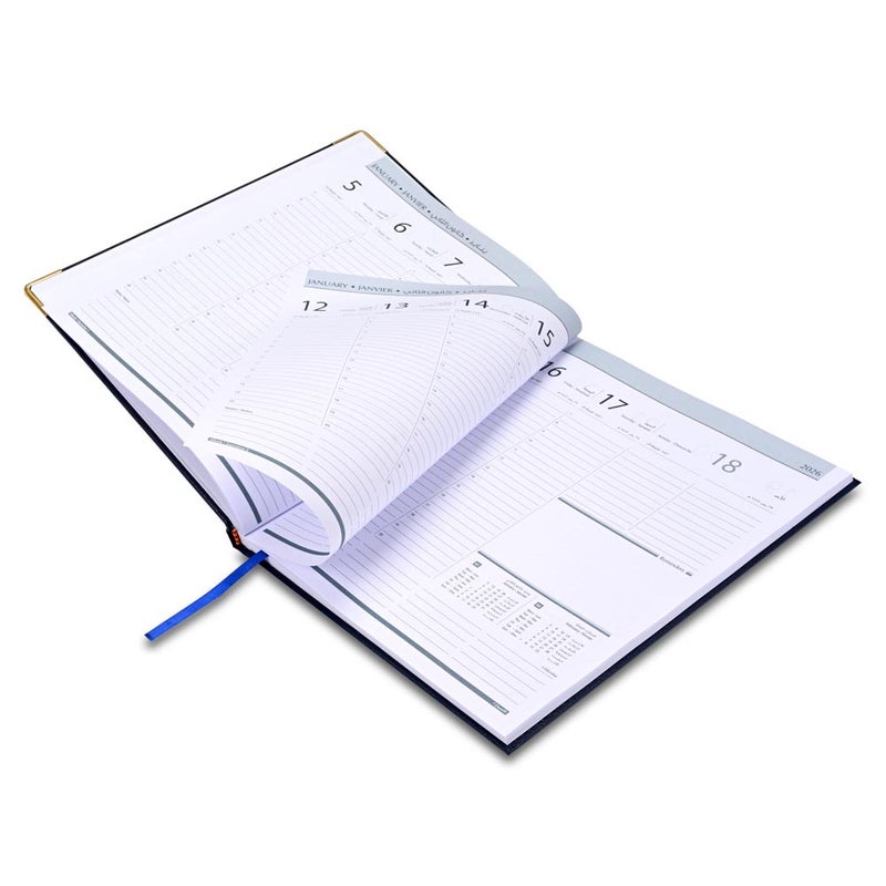 FIS 2026 Executive Diary, 210x260mm, 1 Side Padded Sewn Vinyl Cover, Golden Corners, 1 Week at a Glance, Arabic/English/French, 70gsm White Paper, Blue Cover-FSDI35AE26BL - Image 4