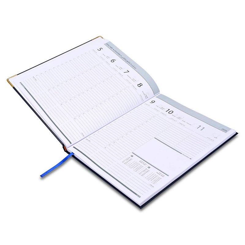 FIS 2026 Executive Diary, 210x260mm, 1 Side Padded Sewn Vinyl Cover, Golden Corners, 1 Week at a Glance, Arabic/English/French, 70gsm White Paper, Blue Cover-FSDI35AE26BL - Image 3