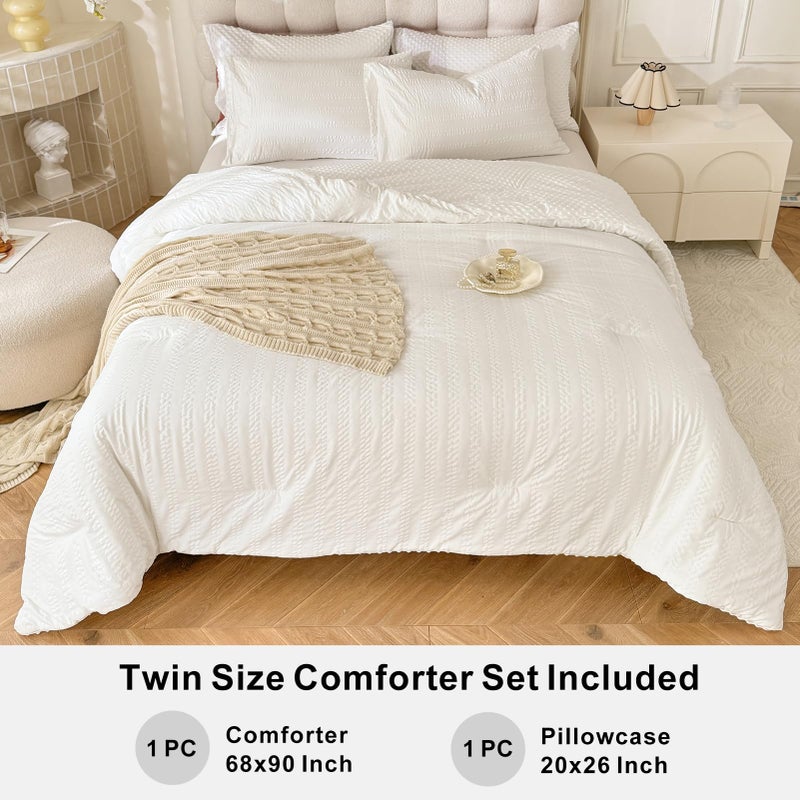 Tohrisa Boho Comforter Set Twin Size Striped Pleats Bohemian Seersucker Bedding Set All Season Soft Cozy 2 Pieces Quilt With 1 Pillowcase(68""X90"" White) - Image 5