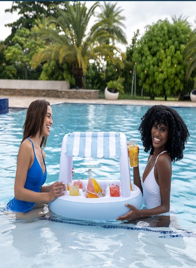 PoolCandy Inflatable Floating Buffet Bar with Canopy - Blue & White Cabana Stripes - Image 2