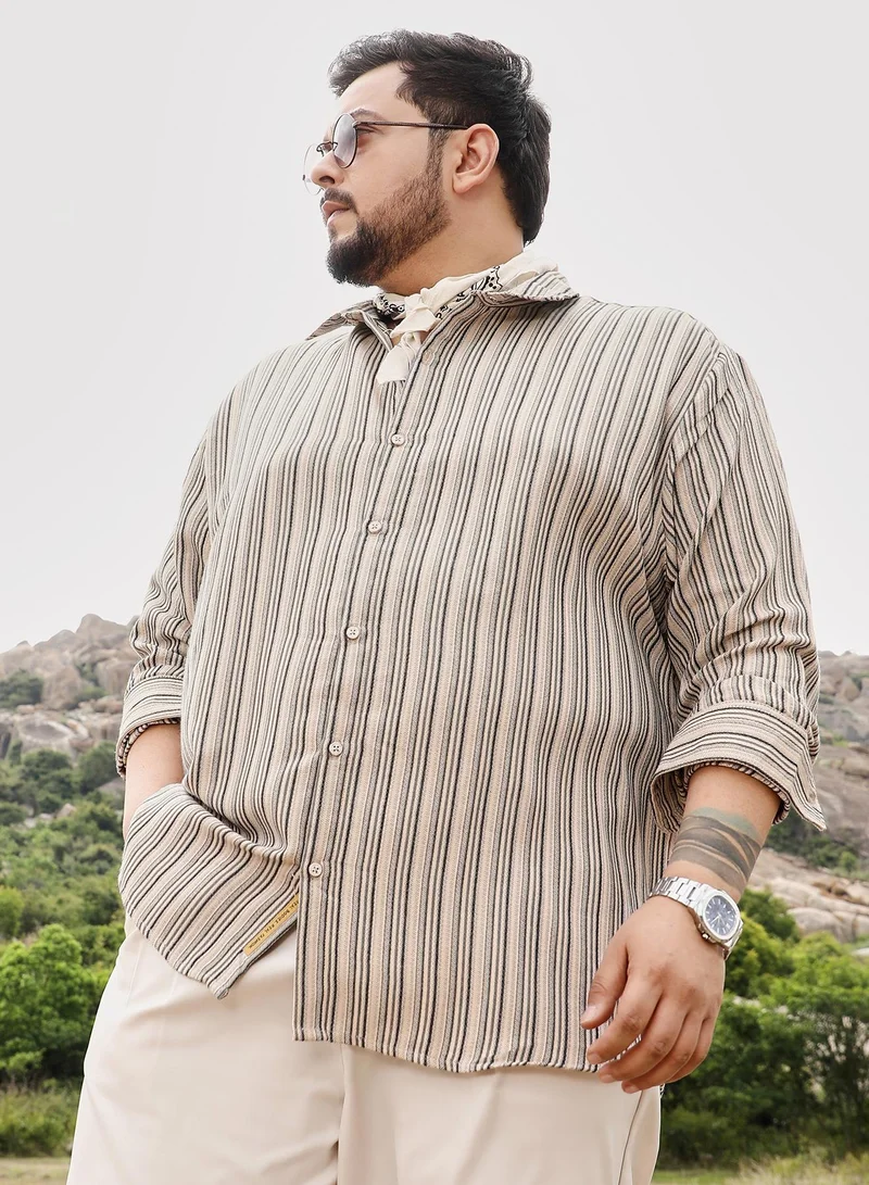 انستافاب بلس Instafab Men's Midnight Black & Off-White Bohomian-Stripe Jacquard Shirt | Spread Collar , Long Cuffed Sleeves , Button Closure | Stripes Jacquard | Cotton-Blend Shirt For Casual Wear