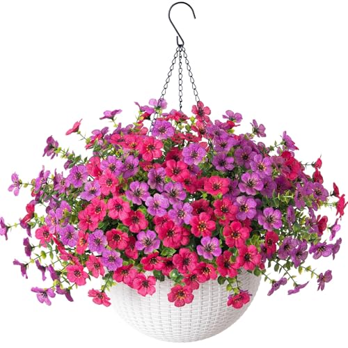 HyeFlora Artificial Fake Hanging Flowers Plants Basket for Outdoor Outside Decoration Faux Silk UV Resistant Realistic Colorful Daisy in Planter for Porch Patio Garden Yard Home - Image 1