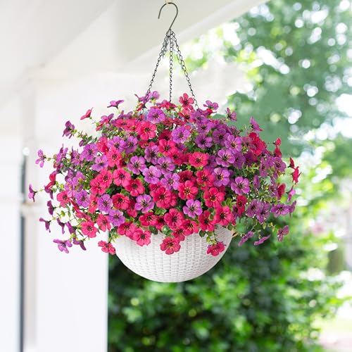 HyeFlora Artificial Fake Hanging Flowers Plants Basket for Outdoor Outside Decoration Faux Silk UV Resistant Realistic Colorful Daisy in Planter for Porch Patio Garden Yard Home - Image 3