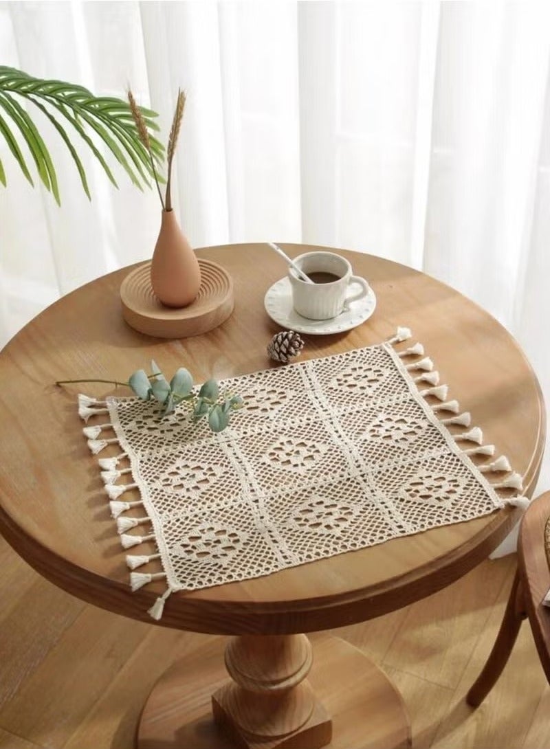 مفرش طاولة كروشيه على الطراز الريفي بنمط شرابة مجوفة مناسب لطاولة القهوة وطاولة الطعام وديكور حفلات الزفاف وما إلى ذلك الطول 40 * العرض 30 بيج - Image 1