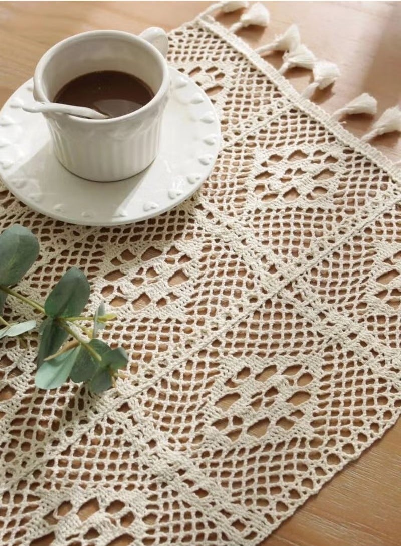 مفرش طاولة كروشيه على الطراز الريفي بنمط شرابة مجوفة مناسب لطاولة القهوة وطاولة الطعام وديكور حفلات الزفاف وما إلى ذلك الطول 40 * العرض 30 بيج - Image 2