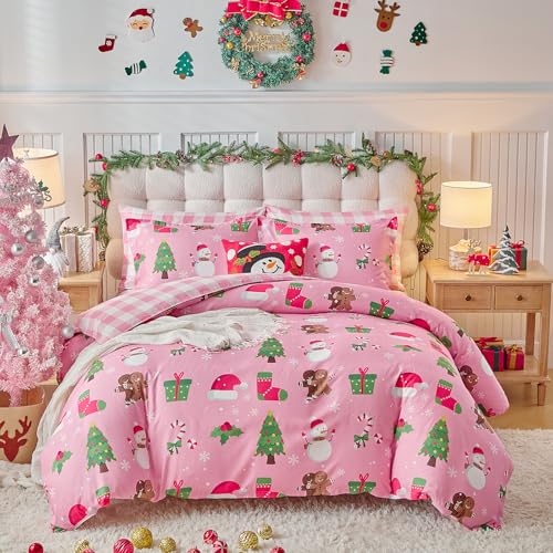Joyreap 3pcs Christmas Comforter Set Queen Size Xmas Tree Snowman Gingerbread Man Pink Design Soft Microfiber Bedding Comforter for All Season 88x88 inches - Image 1
