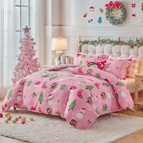 Joyreap 3pcs Christmas Comforter Set Queen Size Xmas Tree Snowman Gingerbread Man Pink Design Soft Microfiber Bedding Comforter for All Season 88x88 inches - Image 3