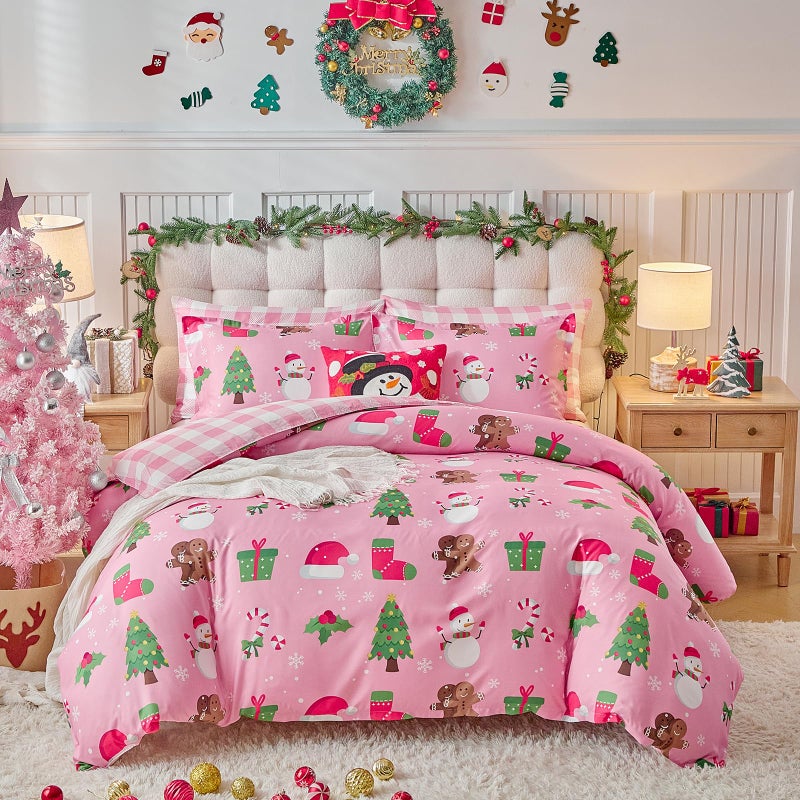Joyreap 3pcs Christmas Comforter Set Queen Size Xmas Tree Snowman Gingerbread Man Pink Design Soft Microfiber Bedding Comforter for All Season 88x88 inches - Image 2