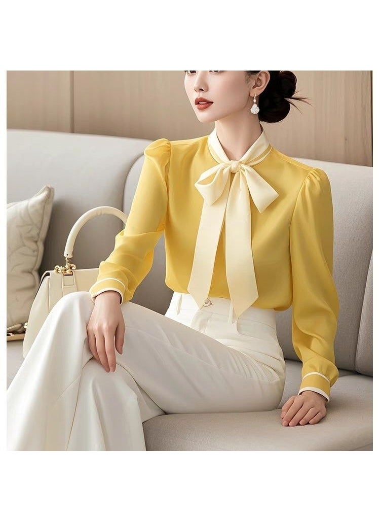 Generic Elegant French Style Bowyellow Long Sleeve Shirt For Women Sensible Design Early Autumn Scarf Collar Top Beautiful Looking Green 144  - Image 2
