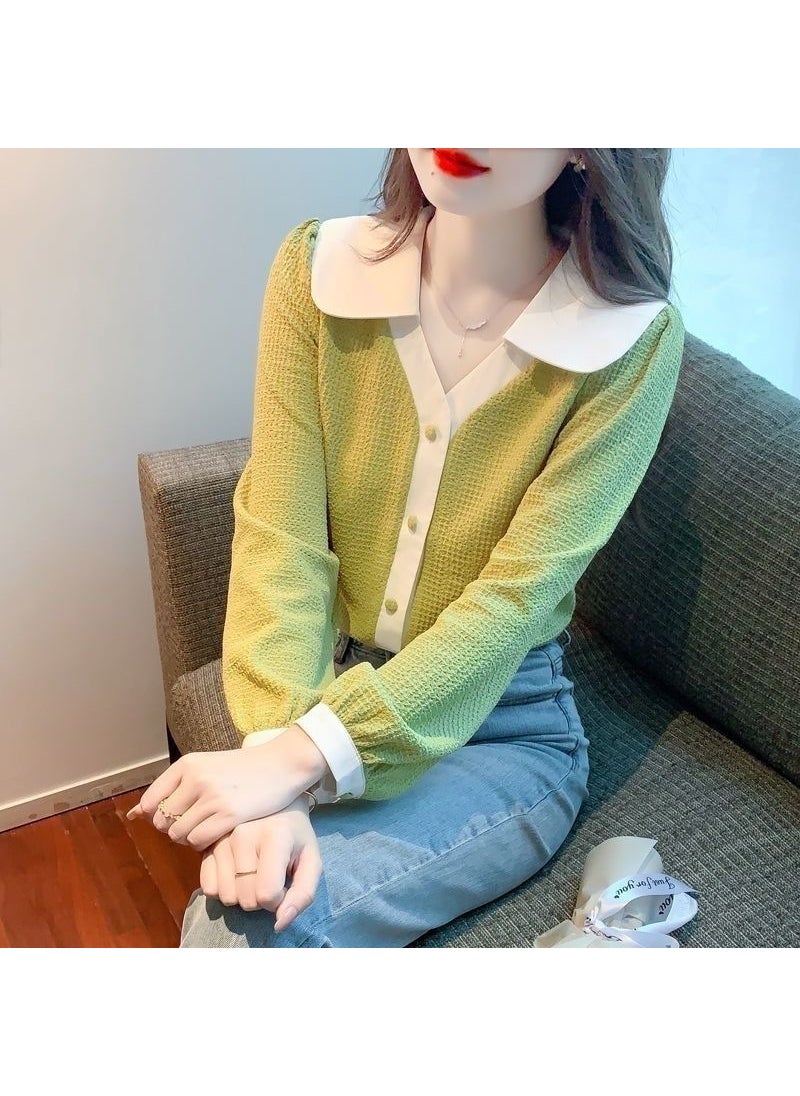 Generic Elegant French Style Bowyellow Long Sleeve Shirt For Women Sensible Design Early Autumn Scarf Collar Top Beautiful Looking Green 144  - Image 1