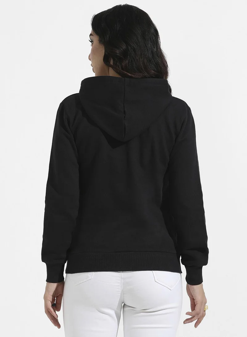 Campus Sutra Women's Black Stronger Hoodie With Kangaroo Pockets For Casual Wear | Hooded Neck  | Long Sleeve | Drawstring Closure | Cotton Sweatshirt Crafted With Comfort Fit For Everyday Wear