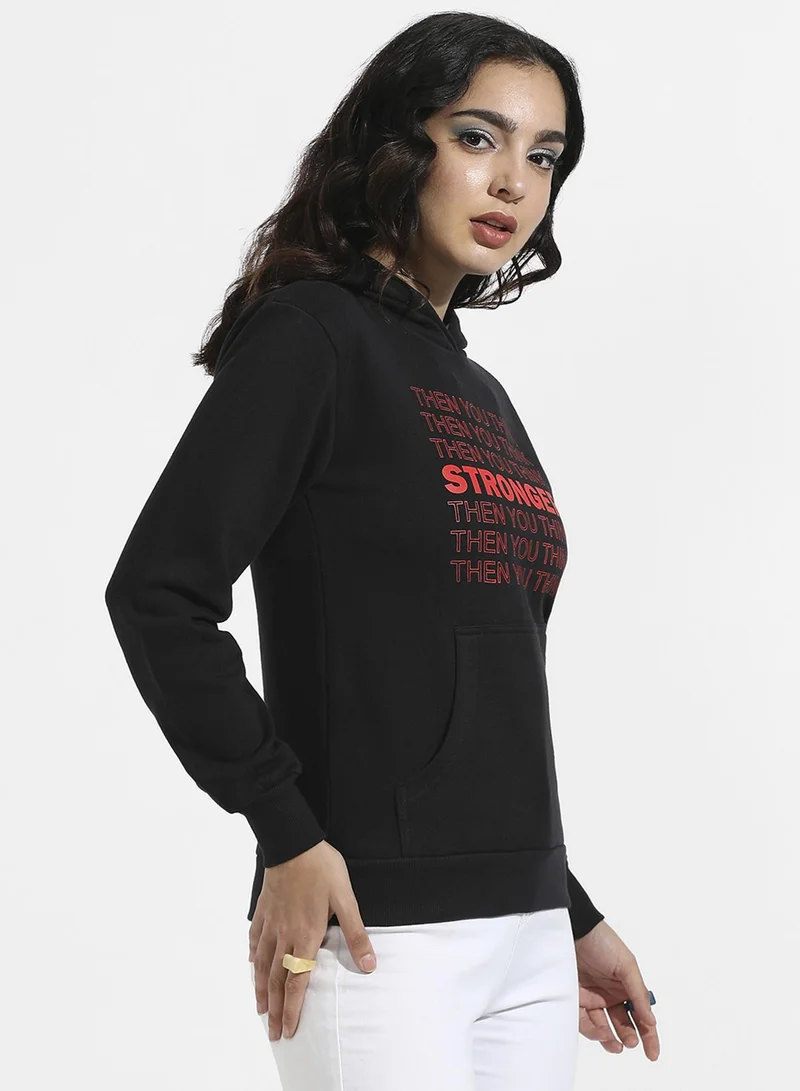 Campus Sutra Women's Black Stronger Hoodie With Kangaroo Pockets For Casual Wear | Hooded Neck  | Long Sleeve | Drawstring Closure | Cotton Sweatshirt Crafted With Comfort Fit For Everyday Wear