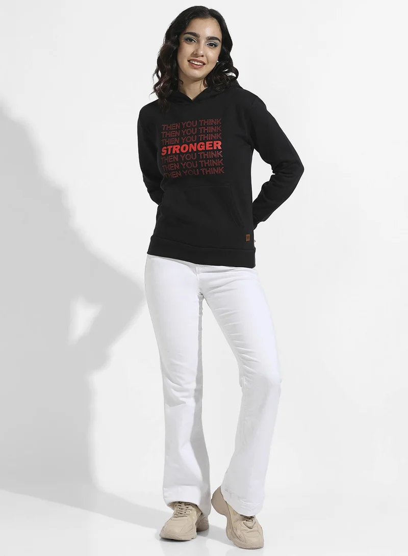 Campus Sutra Women's Black Stronger Hoodie With Kangaroo Pockets For Casual Wear | Hooded Neck  | Long Sleeve | Drawstring Closure | Cotton Sweatshirt Crafted With Comfort Fit For Everyday Wear