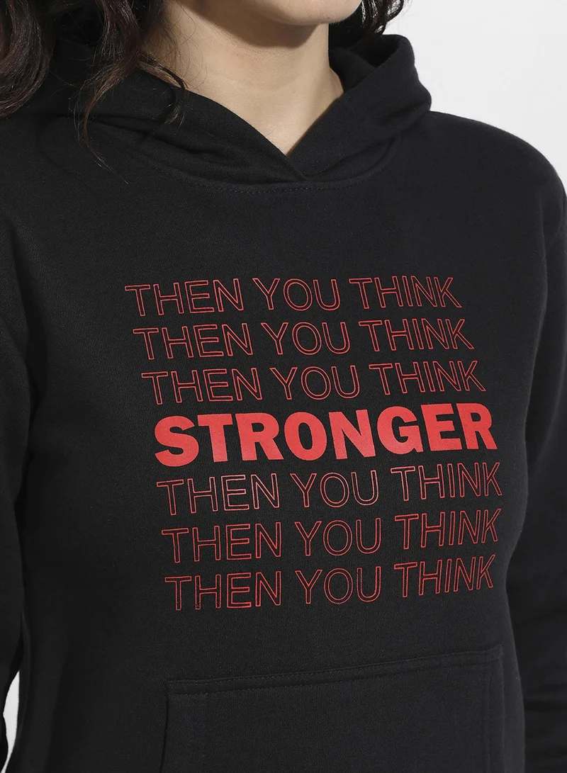 Campus Sutra Women's Black Stronger Hoodie With Kangaroo Pockets For Casual Wear | Hooded Neck  | Long Sleeve | Drawstring Closure | Cotton Sweatshirt Crafted With Comfort Fit For Everyday Wear