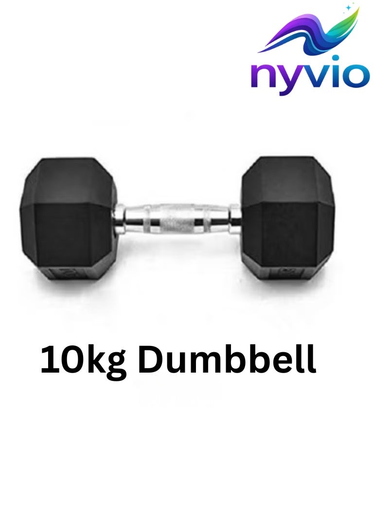 NYVIO 10 KG Rubber Hex Dumbbell with Anti-Slip Chrome Handle | Home Gym Strength Training Weight - Image 1