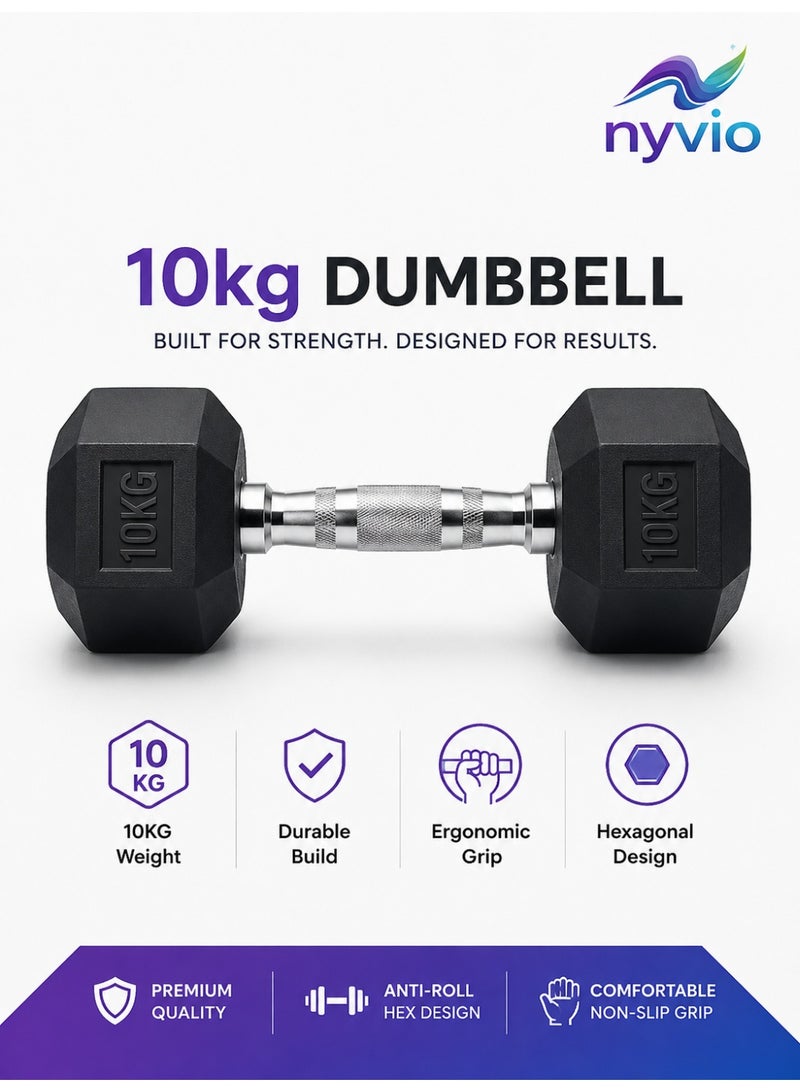 NYVIO 10 KG Rubber Hex Dumbbell with Anti-Slip Chrome Handle | Home Gym Strength Training Weight - Image 1