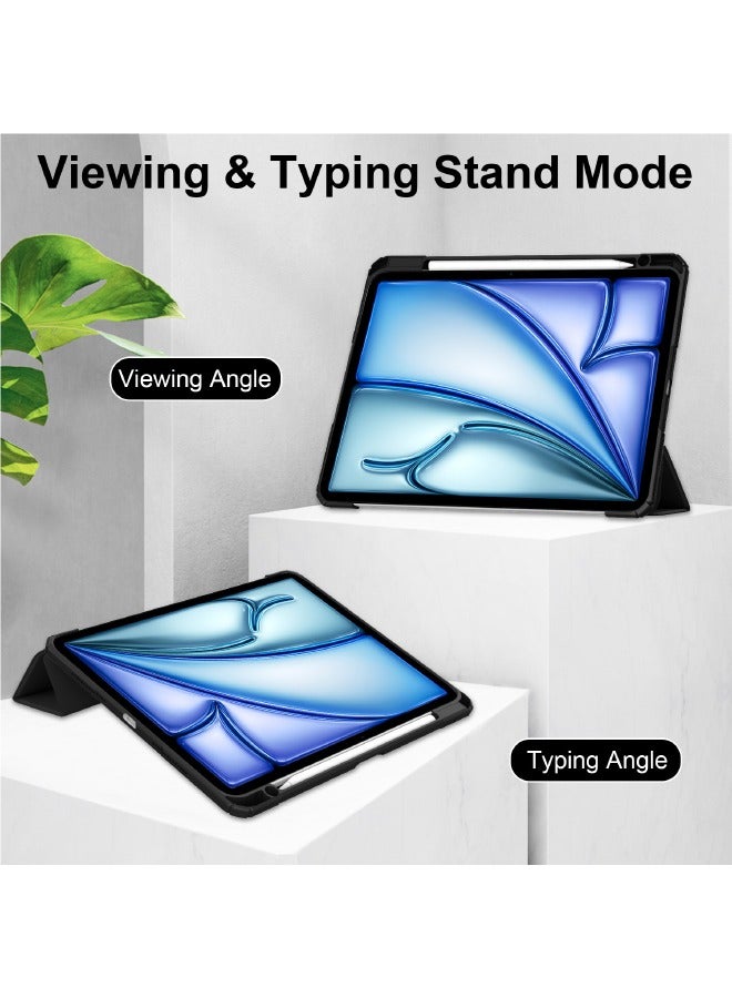 iPad Air 13-Inch (6th Generation) 2024 Case, Hybrid Slim Trifold Stand Case with Apple Pencil Holder, Auto Wake Sleep, Smart Magnetic Cover Clear Acrylic Back Shockproof Case, Black