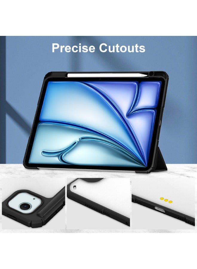 iPad Air 13-Inch (6th Generation) 2024 Case, Hybrid Slim Trifold Stand Case with Apple Pencil Holder, Auto Wake Sleep, Smart Magnetic Cover Clear Acrylic Back Shockproof Case, Black