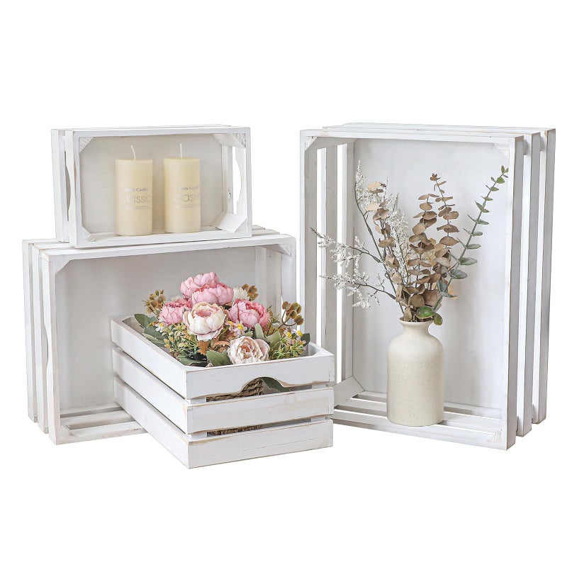 JUMBO HUMBLE JUMBO HUMBLE Set of 4 Large Wooden Decorative Storage Crates Whitewashed Nesting Wooden Crates for Display Rustic Farmhouse Wood Storage Container Boxes Made from 100 Wood 
