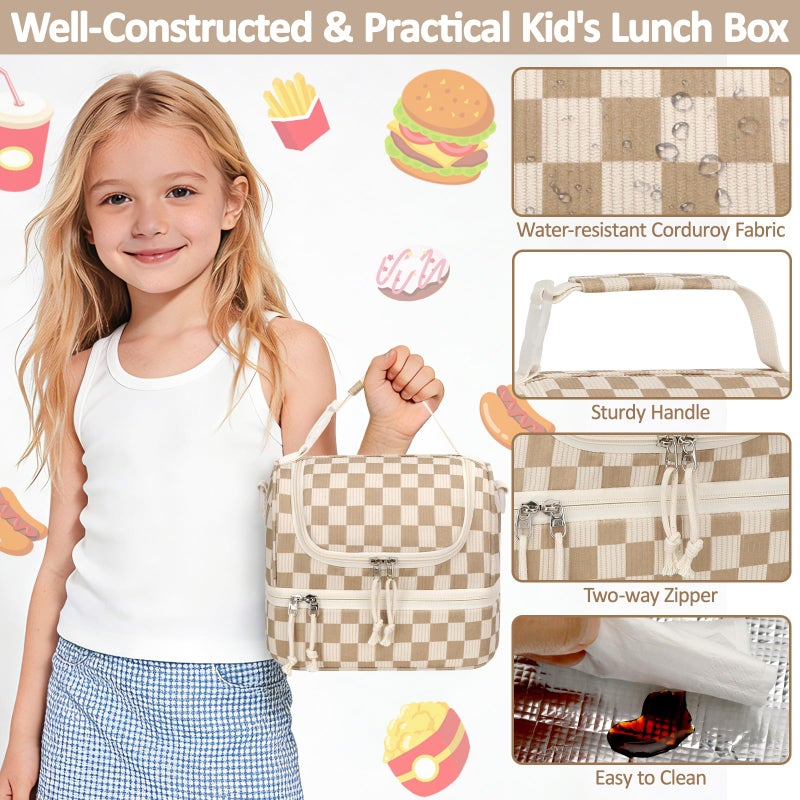 Vankor Corduroy Lunch Box Kids Insulated Lunch Bag Double Decker, Cute Leak-Proof Lunch Box for Boys Girls, Portable Cooler Lunch Bag Thermal Lunch Tote for School Picnic Travel, Khaki Checkered - Image 4