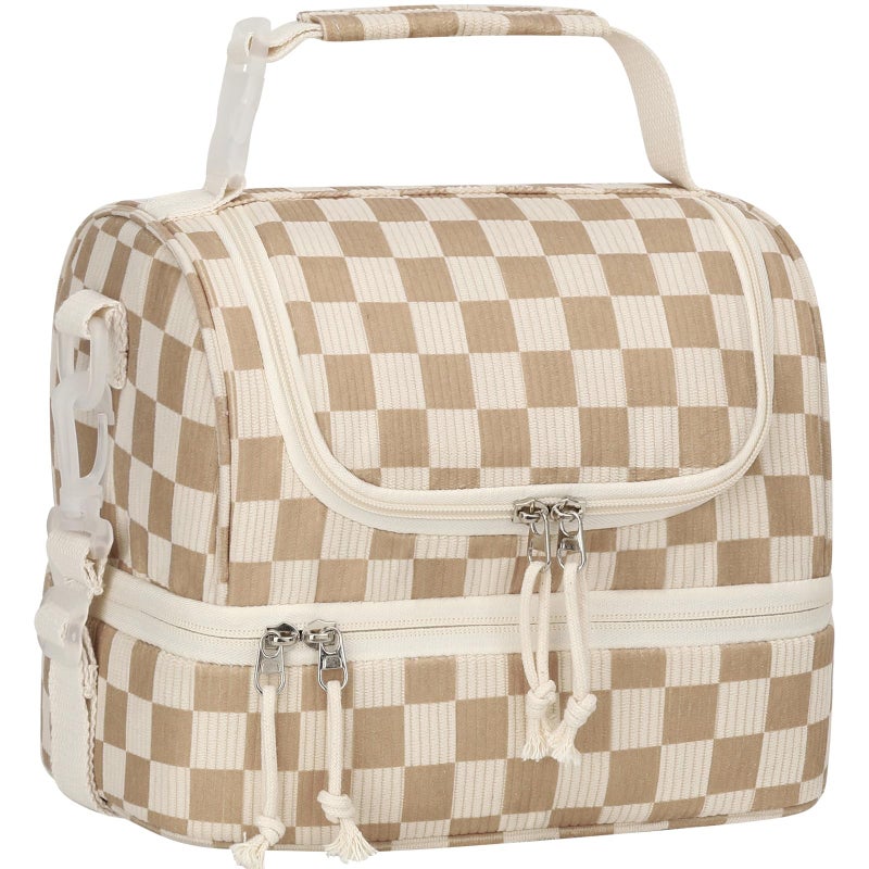 Vankor Corduroy Lunch Box Kids Insulated Lunch Bag Double Decker, Cute Leak-Proof Lunch Box for Boys Girls, Portable Cooler Lunch Bag Thermal Lunch Tote for School Picnic Travel, Khaki Checkered - Image 1