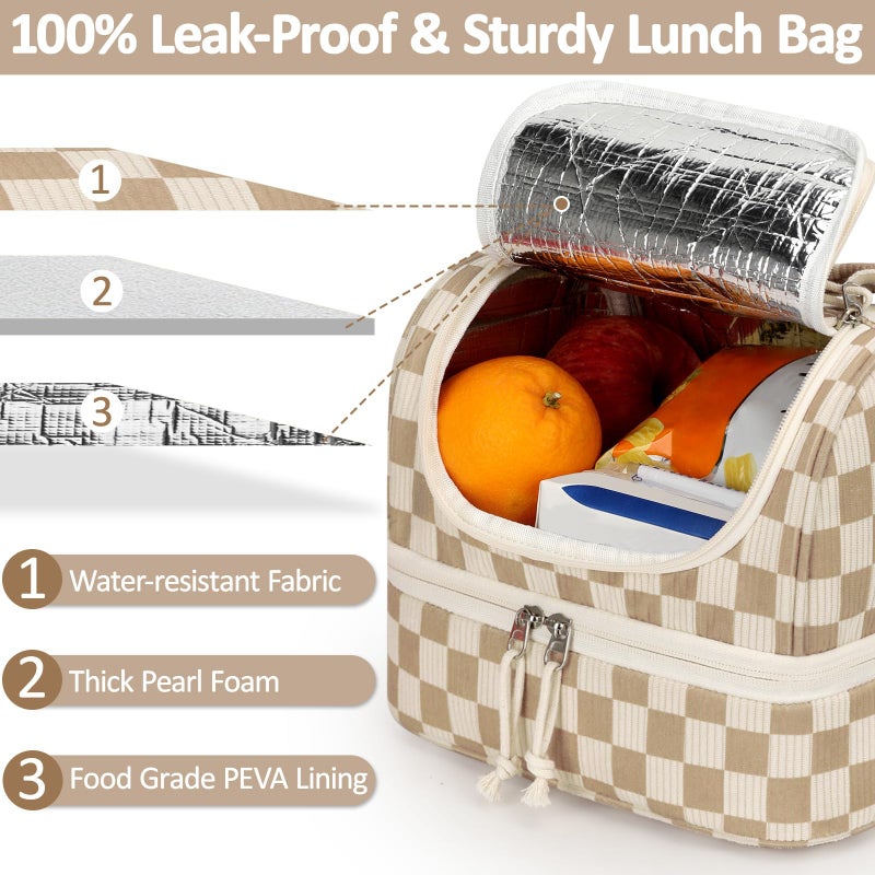 Vankor Corduroy Lunch Box Kids Insulated Lunch Bag Double Decker, Cute Leak-Proof Lunch Box for Boys Girls, Portable Cooler Lunch Bag Thermal Lunch Tote for School Picnic Travel, Khaki Checkered - Image 2