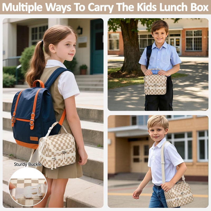 Vankor Corduroy Lunch Box Kids Insulated Lunch Bag Double Decker, Cute Leak-Proof Lunch Box for Boys Girls, Portable Cooler Lunch Bag Thermal Lunch Tote for School Picnic Travel, Khaki Checkered - Image 3
