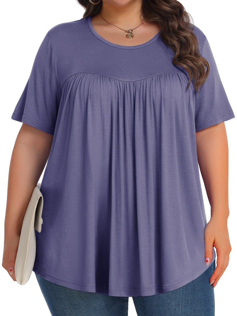 Tencede Womens Plus Size Tops Tunic Short Sleeve Crew Neck Shirts Casual Soft Blouse Purple Gray 3X - Image 3