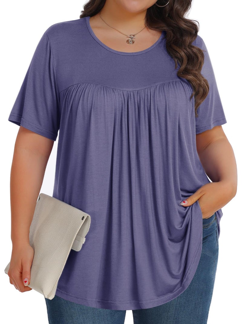 Tencede Womens Plus Size Tops Tunic Short Sleeve Crew Neck Shirts Casual Soft Blouse Purple Gray 3X - Image 1