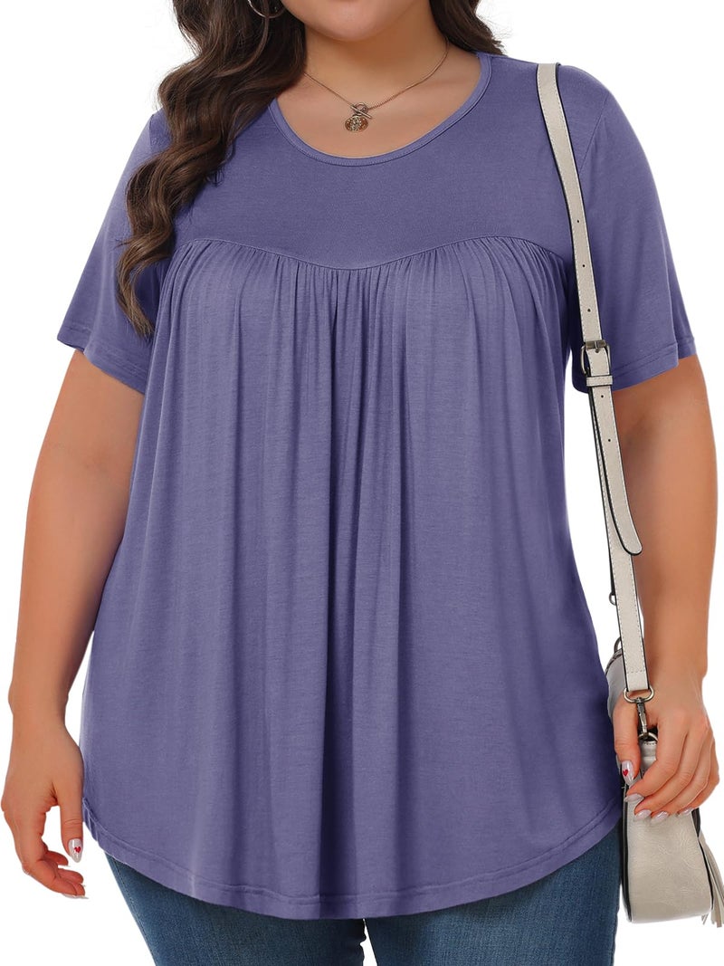 Tencede Womens Plus Size Tops Tunic Short Sleeve Crew Neck Shirts Casual Soft Blouse Purple Gray 3X - Image 2