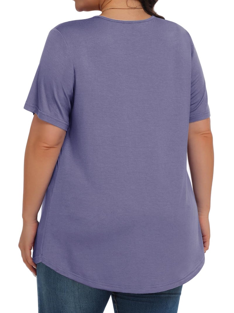Tencede Womens Plus Size Tops Tunic Short Sleeve Crew Neck Shirts Casual Soft Blouse Purple Gray 3X - Image 4