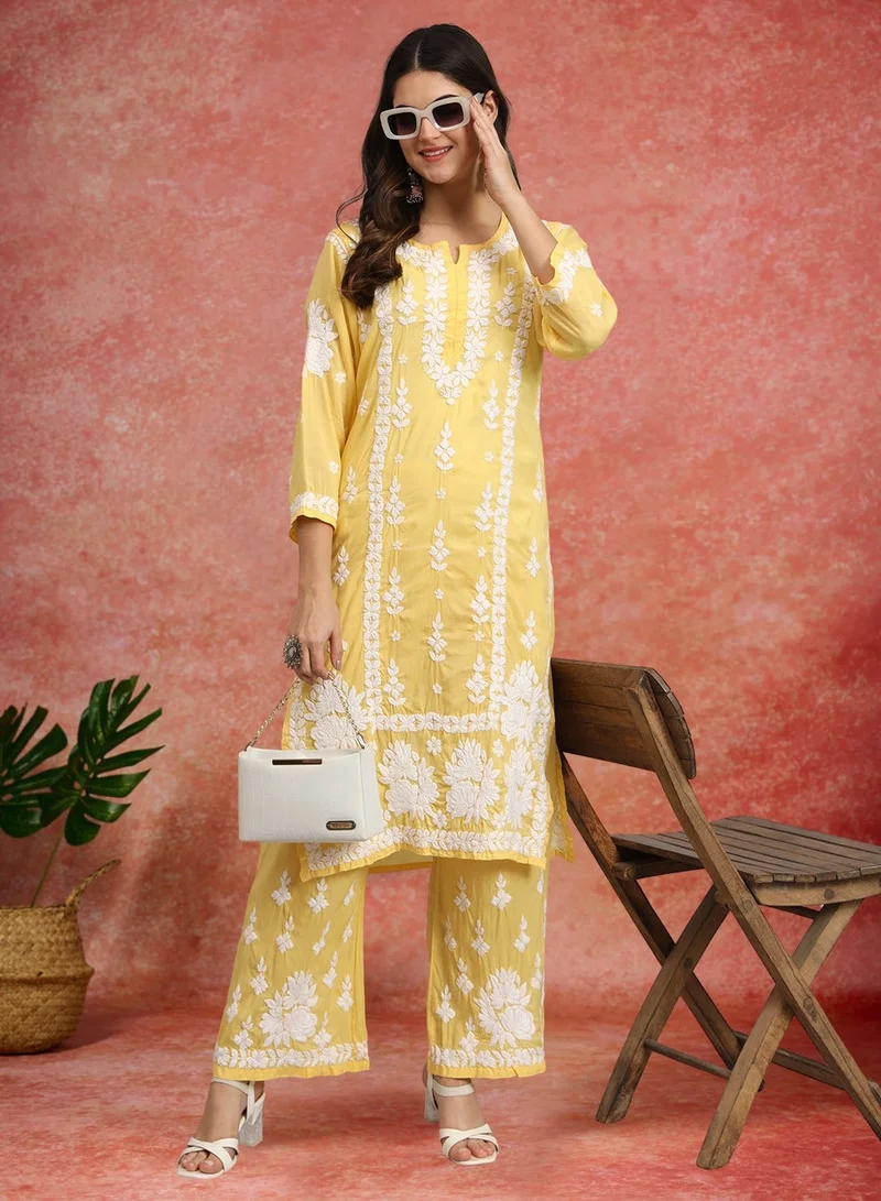 Alaya YELLOW Women Hand Embroidered Chikankari Modal Kurta set-AL4049KS for Women | Best Price UAE