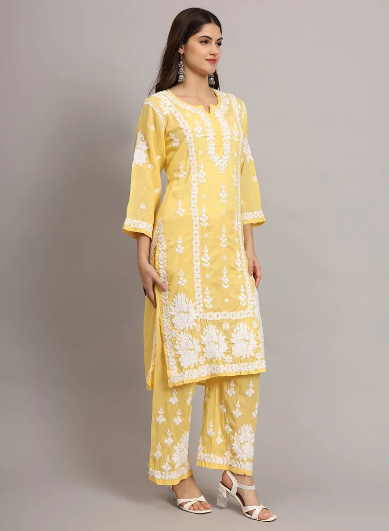 Alaya YELLOW Women Hand Embroidered Chikankari Modal Kurta set-AL4049KS for Women | Best Price UAE