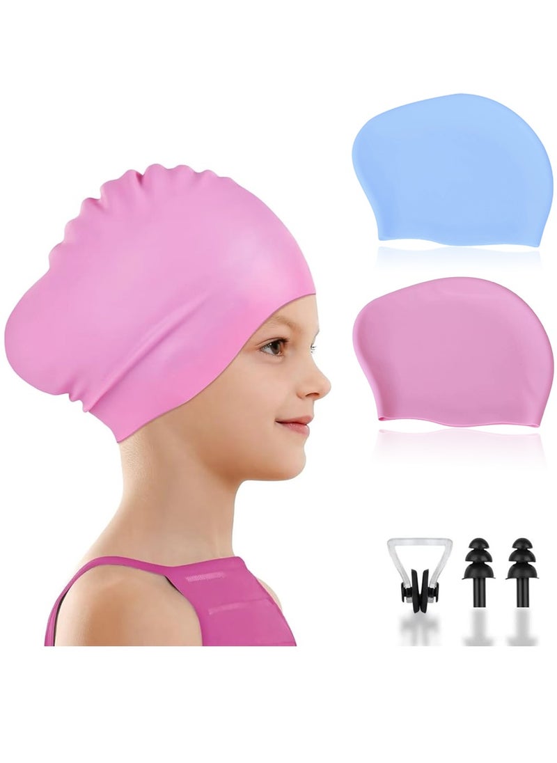 SänHahn 2 Pack Kids Long Hair Large Swim Cap for Girls Boys,  Silicone Swimming Cap for Age 8-15 Toddler Children Teens, Large Swim Hat for Long Thick Curly Hair & Dreadlocks Braids Weaves Afro Hair, Waterproof Swim Hats Bathing Caps with Ear Plugs & Nose Clip to Keep Hair Dry - (Pink & Sky Blue)  - Image 1