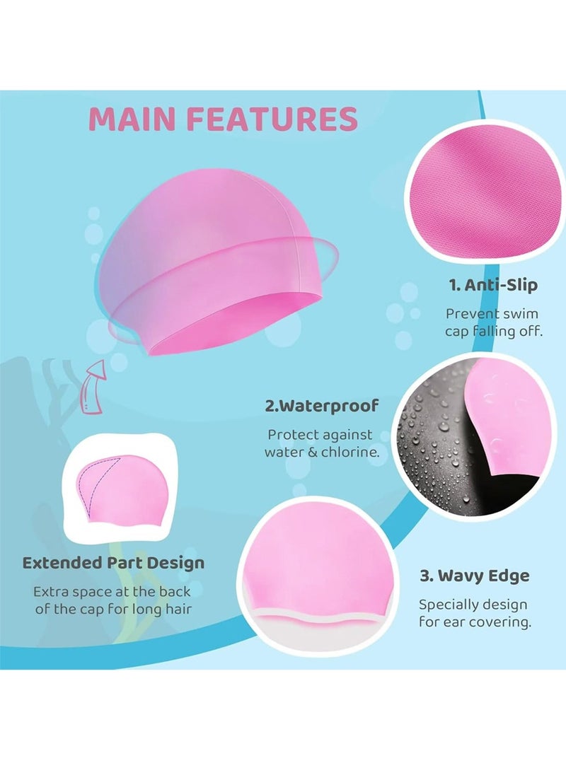 SänHahn 2 Pack Kids Long Hair Large Swim Cap for Girls Boys,  Silicone Swimming Cap for Age 8-15 Toddler Children Teens, Large Swim Hat for Long Thick Curly Hair & Dreadlocks Braids Weaves Afro Hair, Waterproof Swim Hats Bathing Caps with Ear Plugs & Nose Clip to Keep Hair Dry - (Pink & Sky Blue)  - Image 3
