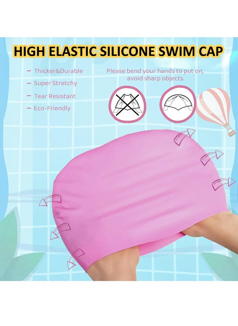 SänHahn 2 Pack Kids Long Hair Large Swim Cap for Girls Boys,  Silicone Swimming Cap for Age 8-15 Toddler Children Teens, Large Swim Hat for Long Thick Curly Hair & Dreadlocks Braids Weaves Afro Hair, Waterproof Swim Hats Bathing Caps with Ear Plugs & Nose Clip to Keep Hair Dry - (Pink & Sky Blue)  - Image 4