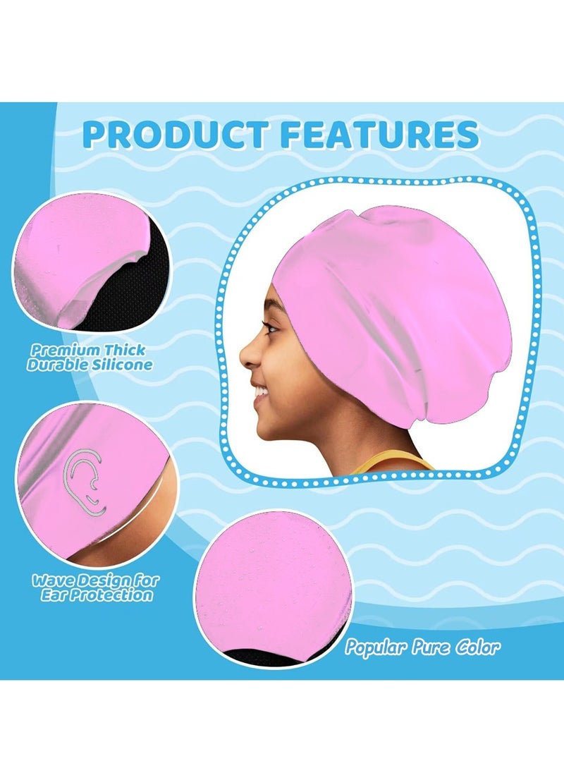 SänHahn 2 Pack Kids Long Hair Large Swim Cap for Girls Boys,  Silicone Swimming Cap for Age 8-15 Toddler Children Teens, Large Swim Hat for Long Thick Curly Hair & Dreadlocks Braids Weaves Afro Hair, Waterproof Swim Hats Bathing Caps with Ear Plugs & Nose Clip to Keep Hair Dry - (Pink & Sky Blue)  - Image 5