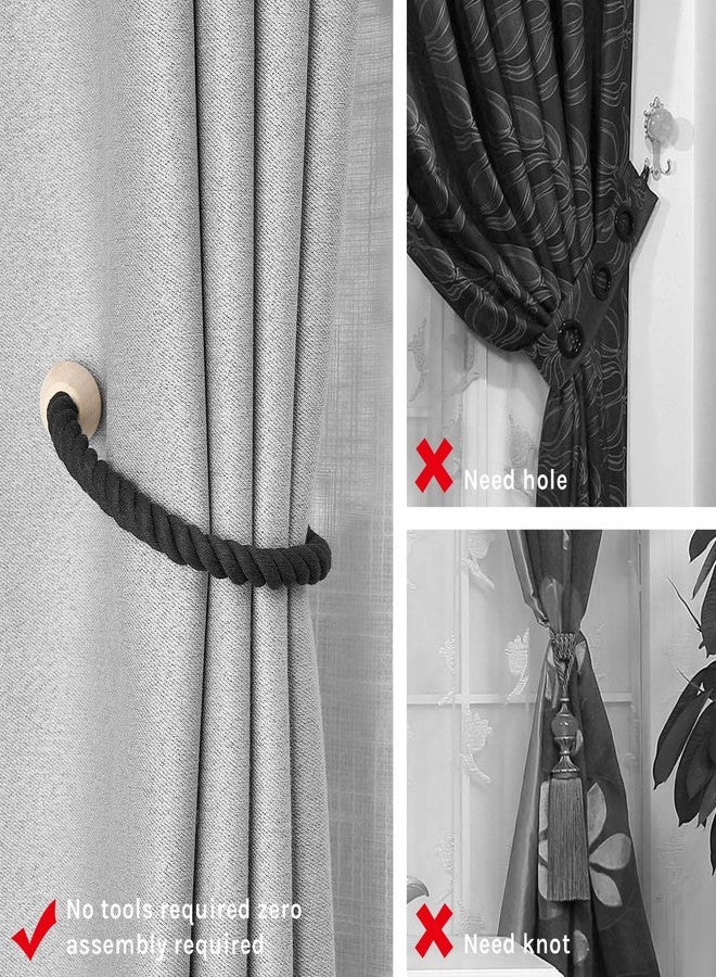 NICEEC 2 Pack Wooden Magnetic Curtain Tiebacks Elegant Boho Home Decoration Drape Tie Backs Natural Cotton Handmade Rope Curtain Holdbacks for Home & Office Window Drapery (Black) - Image 2
